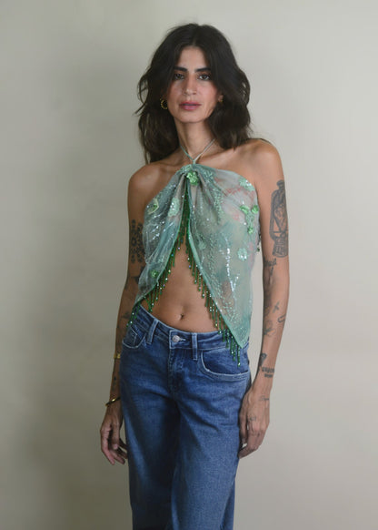 Emerald Beaded Tassel Mesh Halter Top