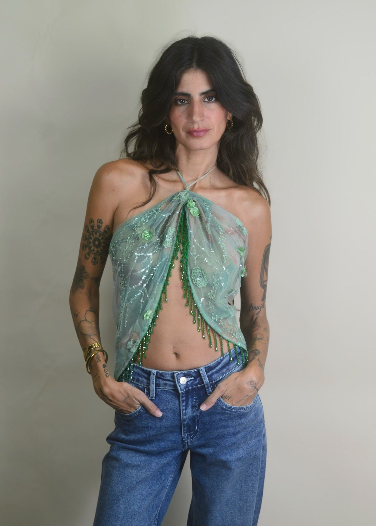 Emerald Beaded Tassel Mesh Halter Top
