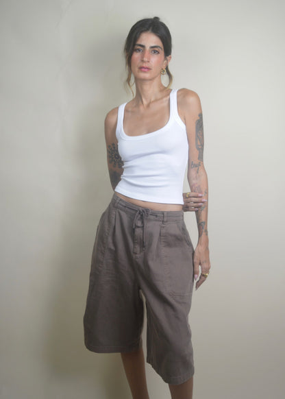 Drawstring Wide Leg Jorts/Bermudas Brown