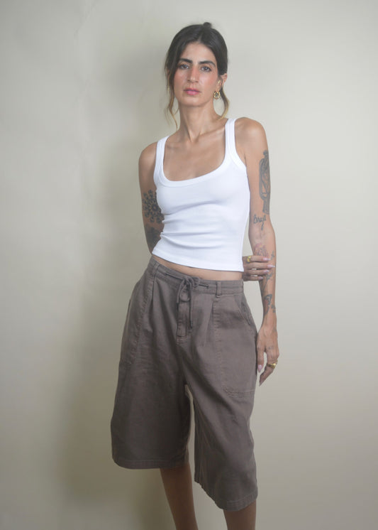Drawstring Wide Leg Jorts/Bermudas Brown