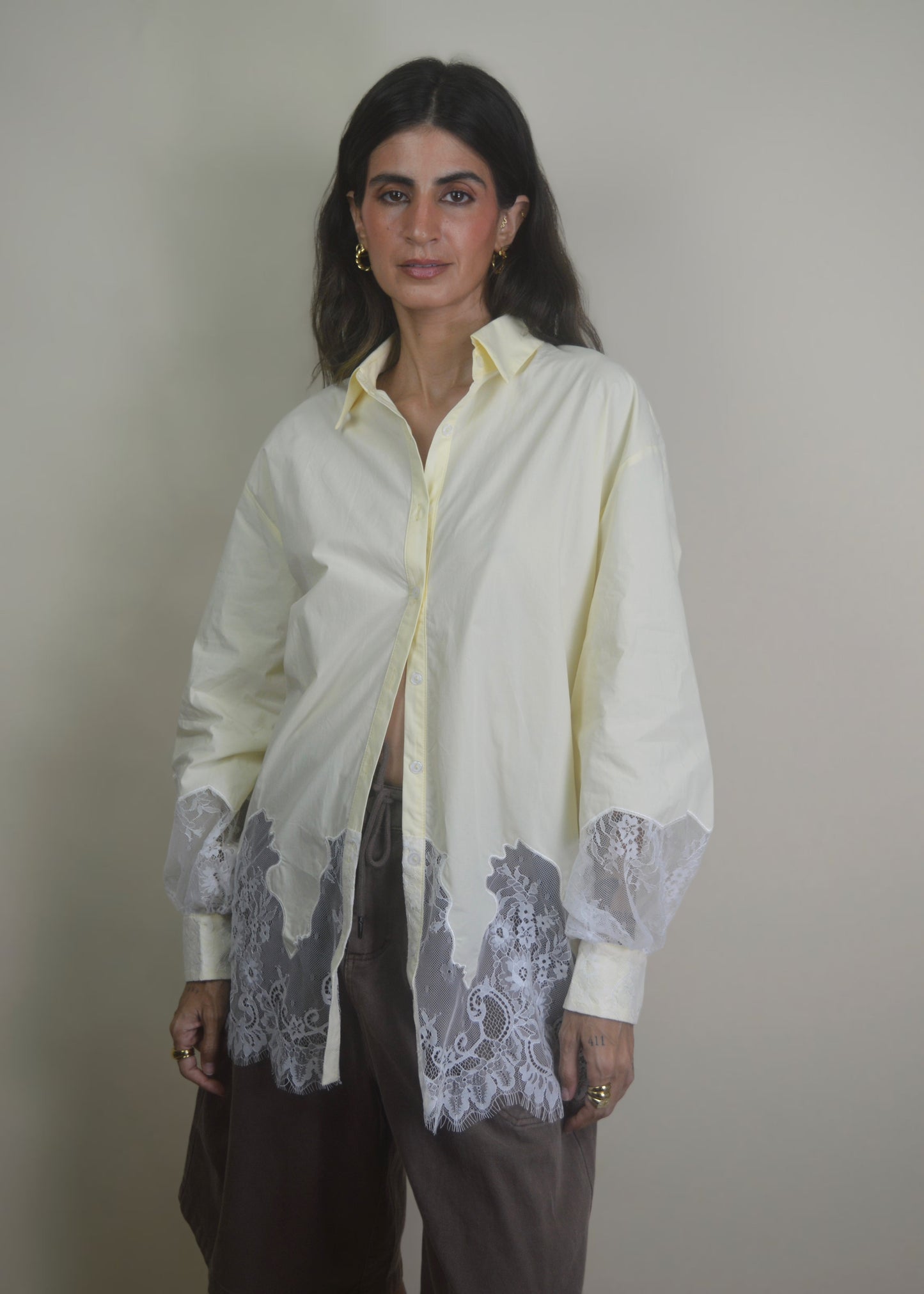 Sand Lace Oversized Button Down Shirt