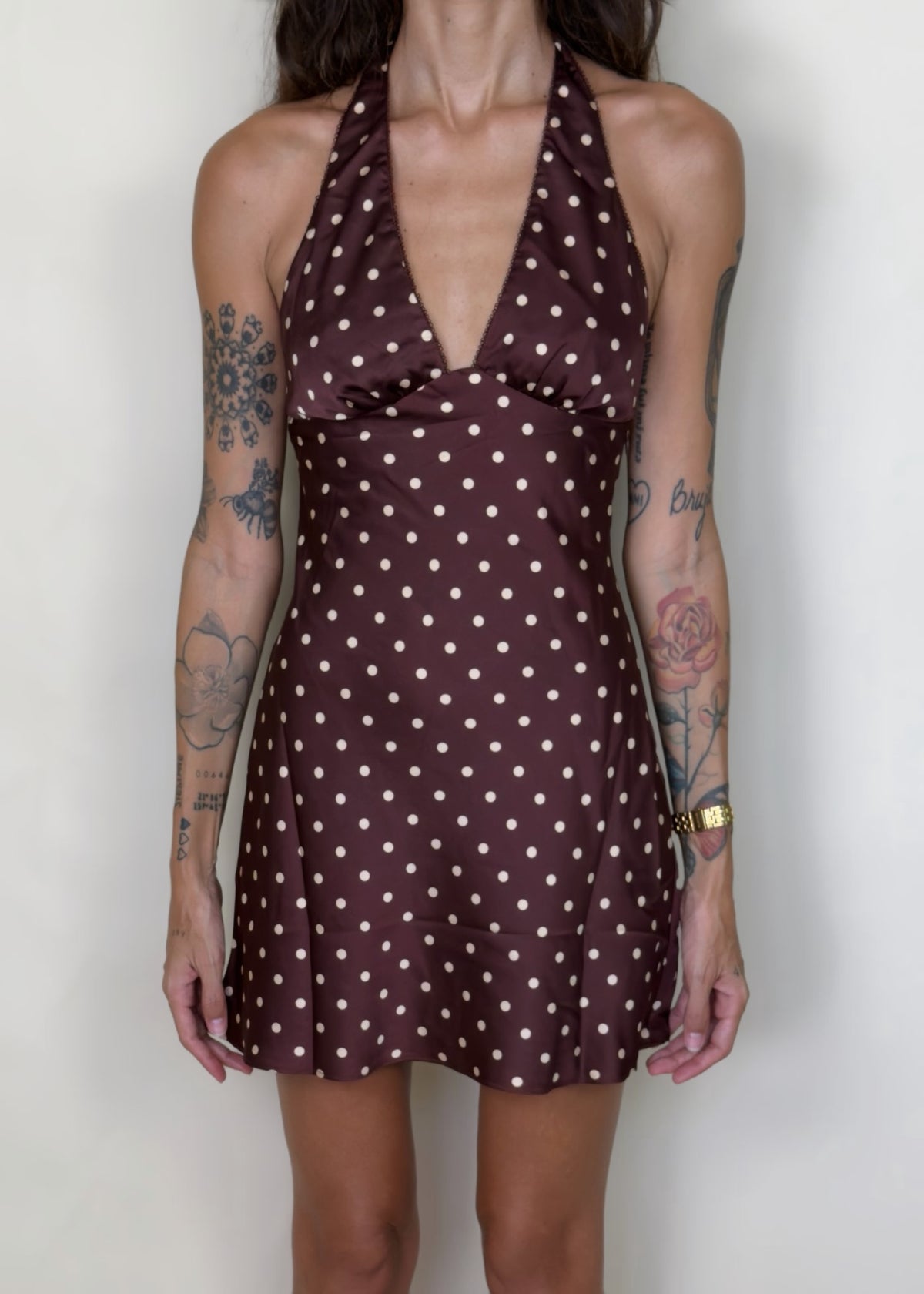 Retro Mocha Dot Halter Mini Dress