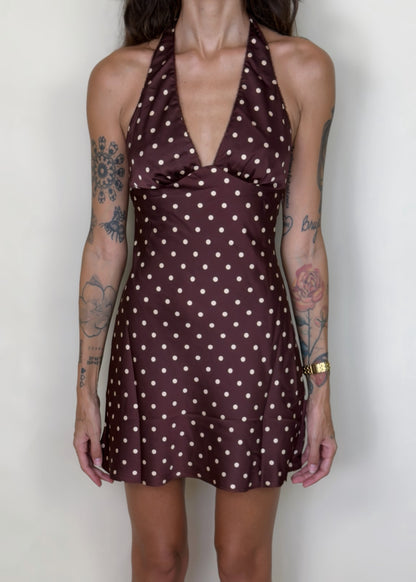 Retro Mocha Dot Halter Mini Dress