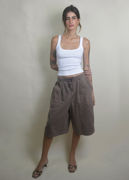 Drawstring Wide Leg Jorts/Bermudas Brown