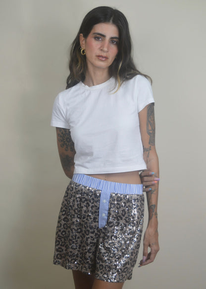 Contrast Leopard Sequin Short