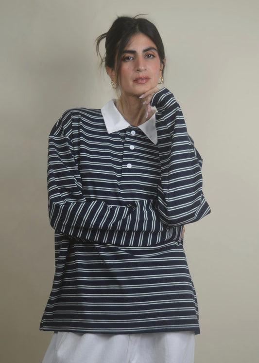 Oversized Long Sleeve Striped Polo