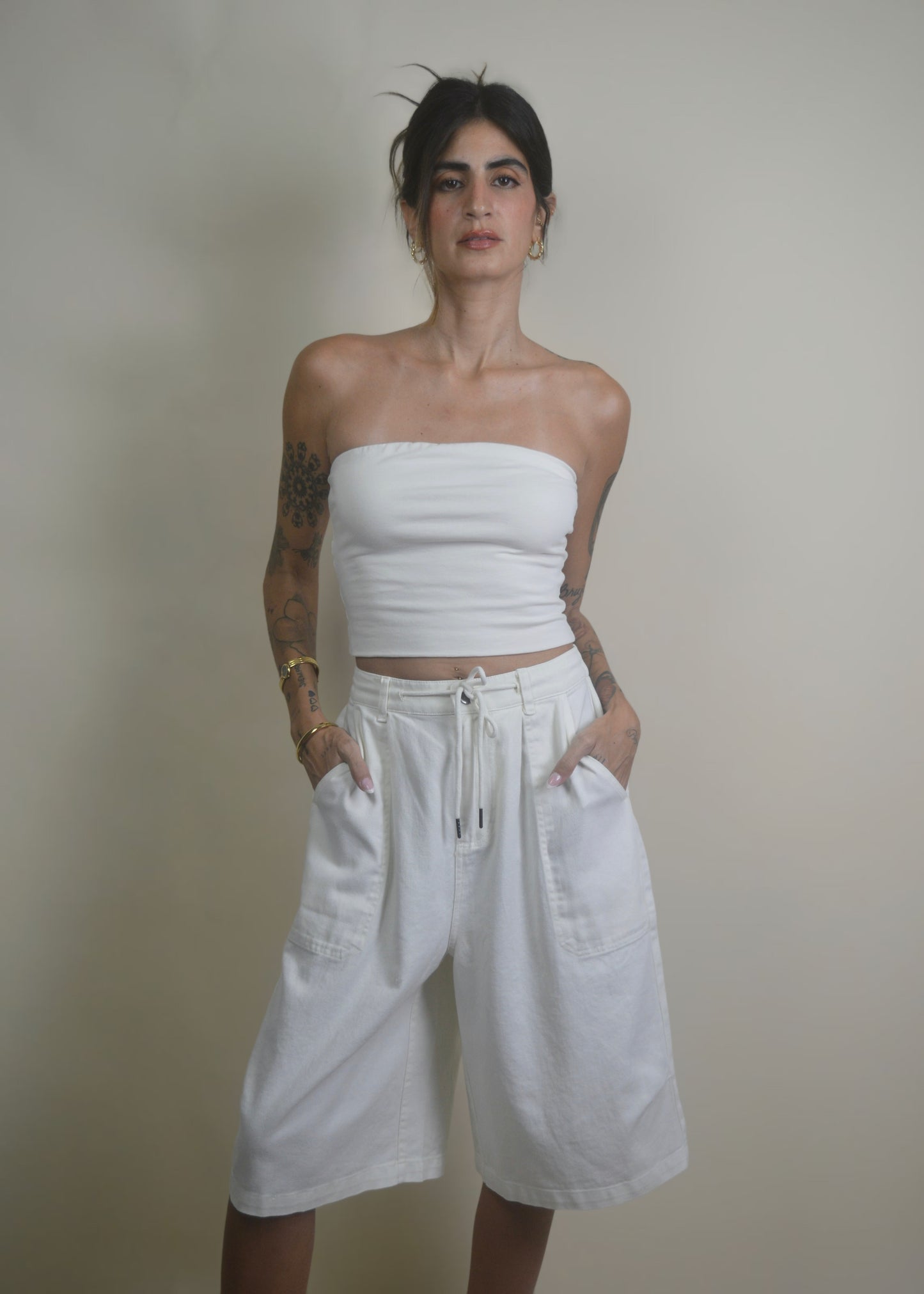 Drawstring Wide Leg Jorts/Bermudas White RESTOCKED