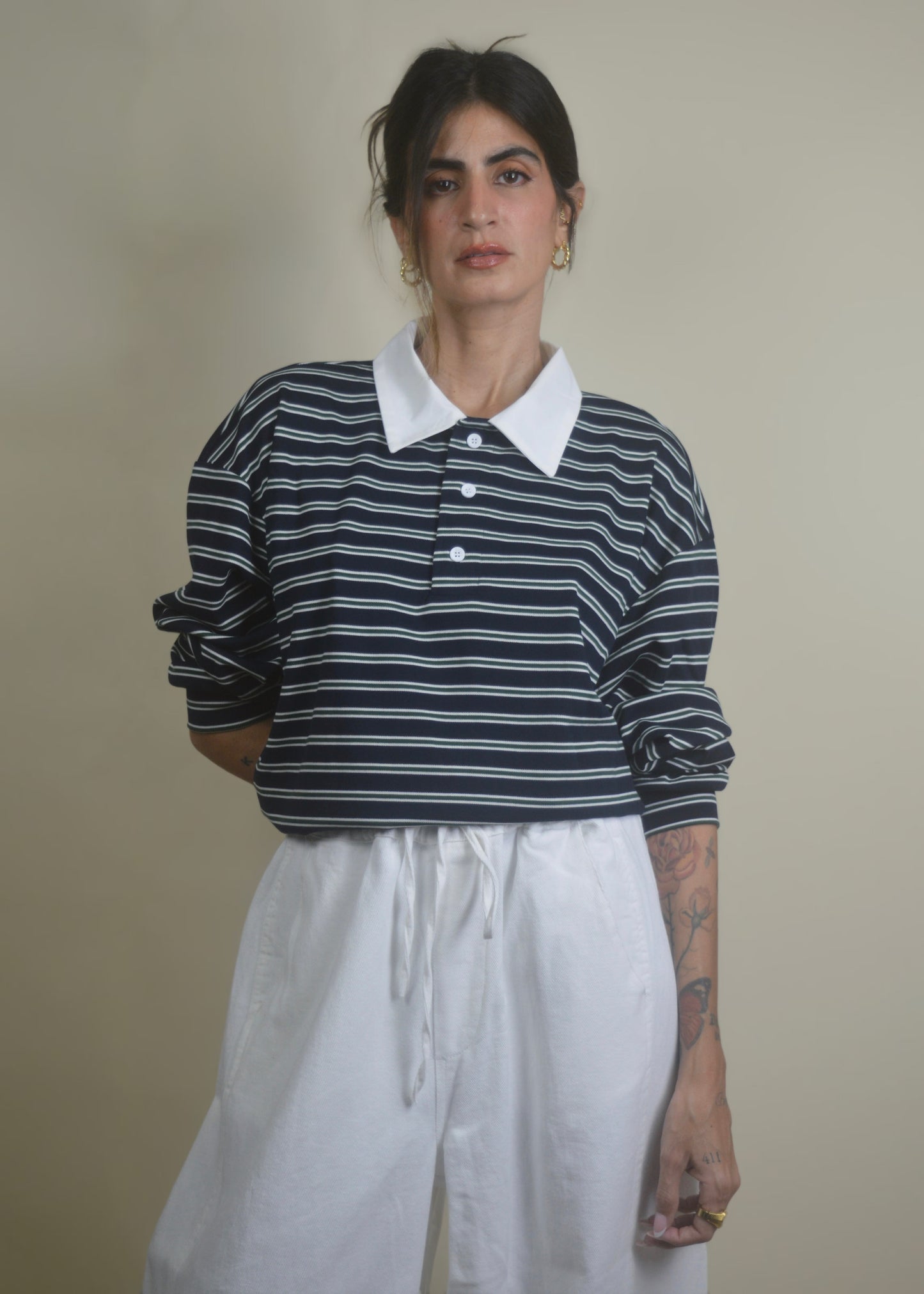 Oversized Long Sleeve Striped Polo