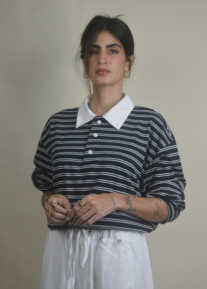 Oversized Long Sleeve Striped Polo