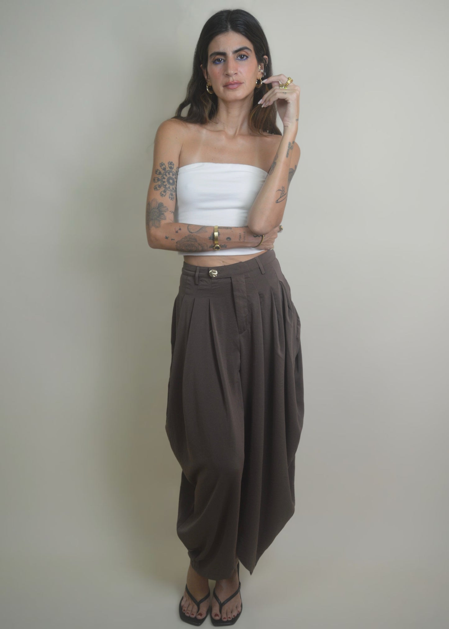 Brown Balloon Draped Pants
