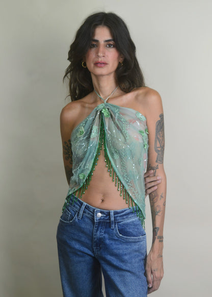Emerald Beaded Tassel Mesh Halter Top