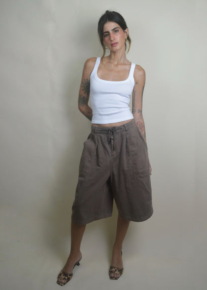 Drawstring Wide Leg Jorts/Bermudas Brown