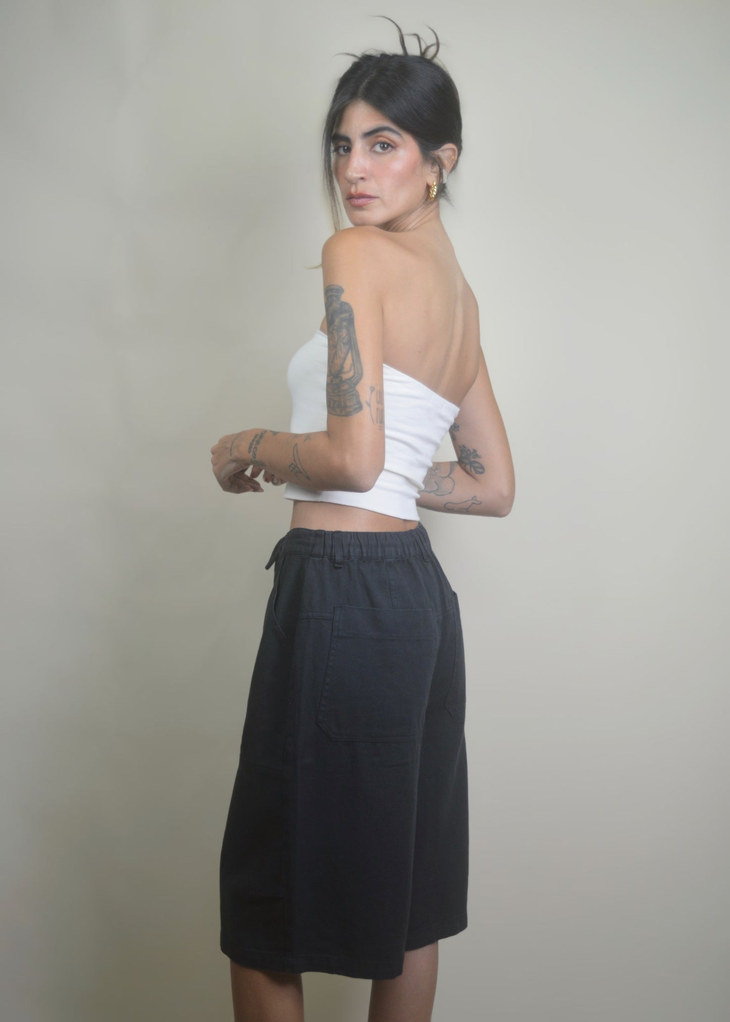 Drawstring Wide Leg Jorts/Bermudas Black RESTOCKED