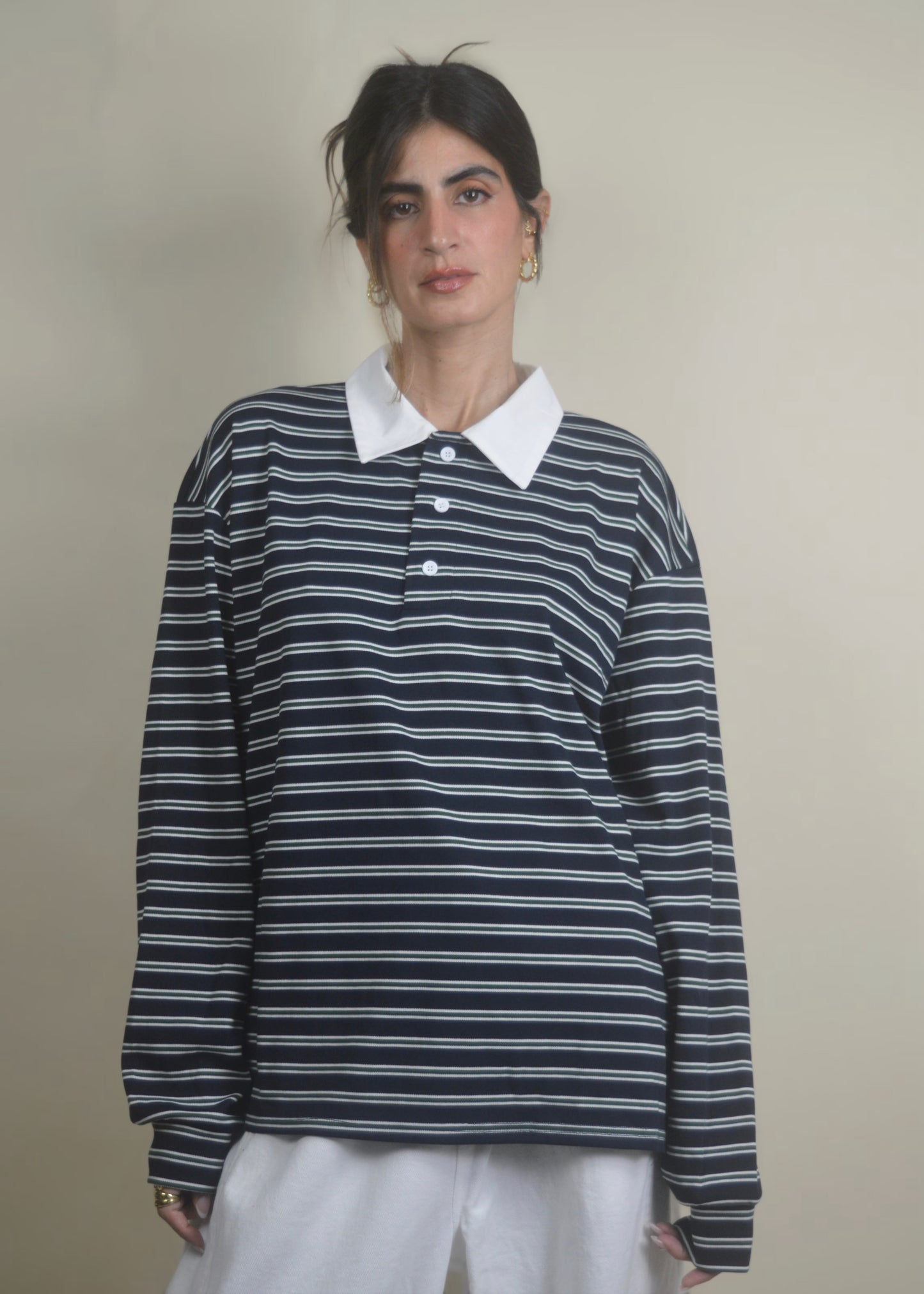 Oversized Long Sleeve Striped Polo