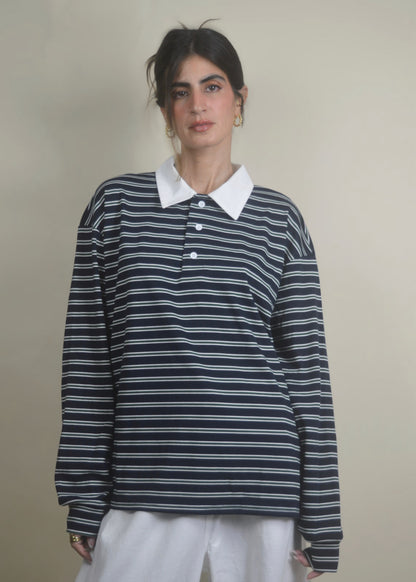 Oversized Long Sleeve Striped Polo