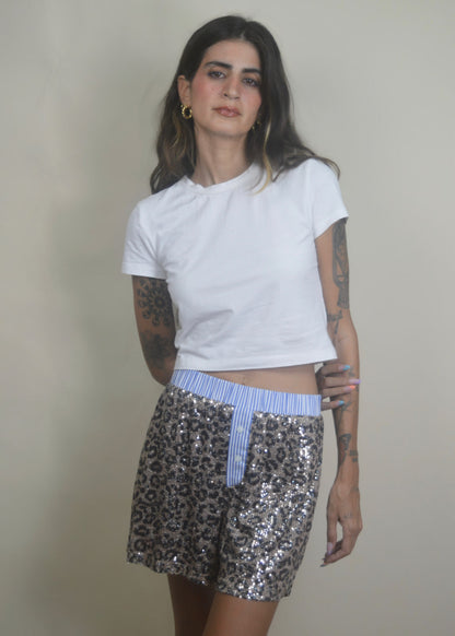 Contrast Leopard Sequin Short