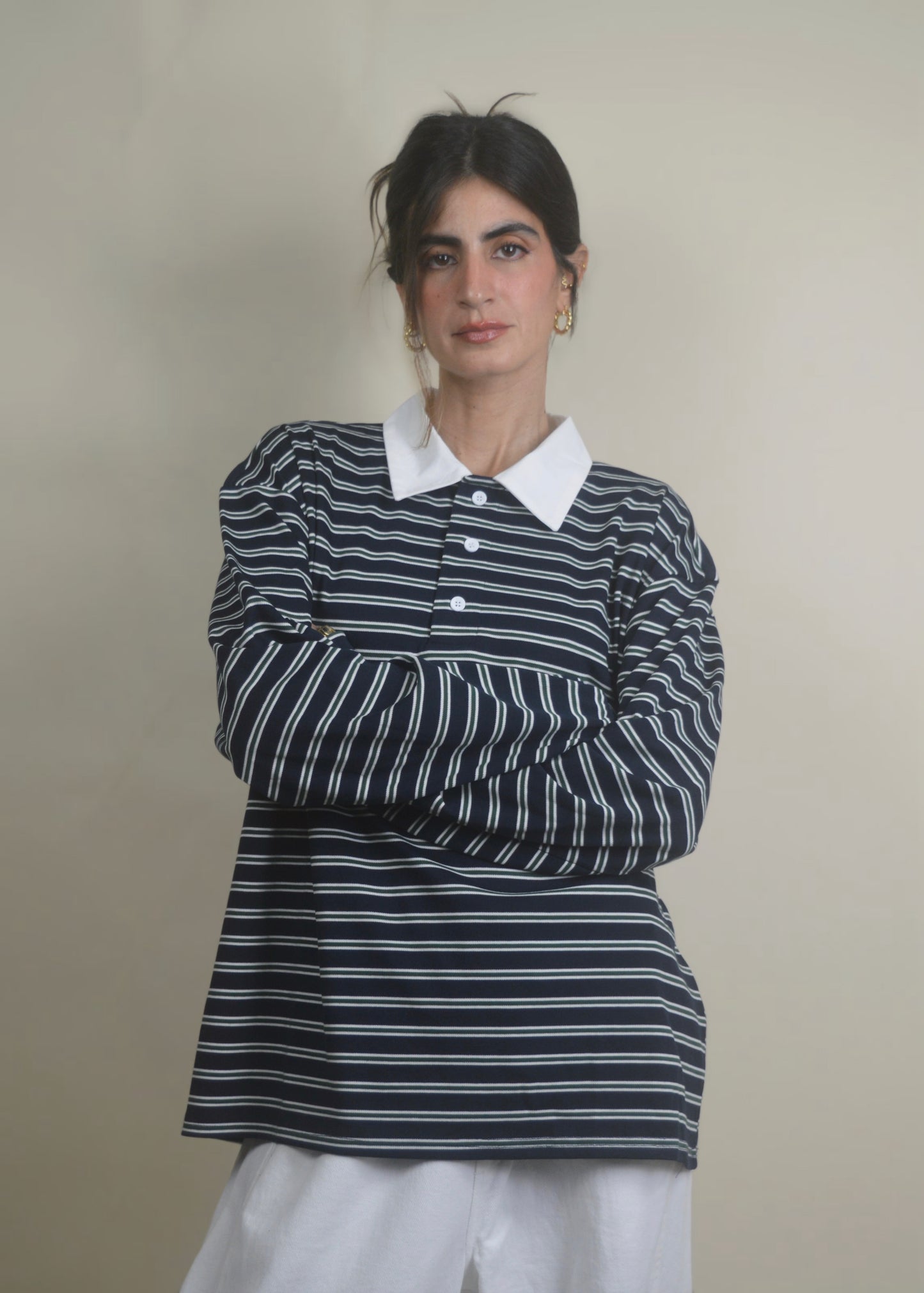 Oversized Long Sleeve Striped Polo