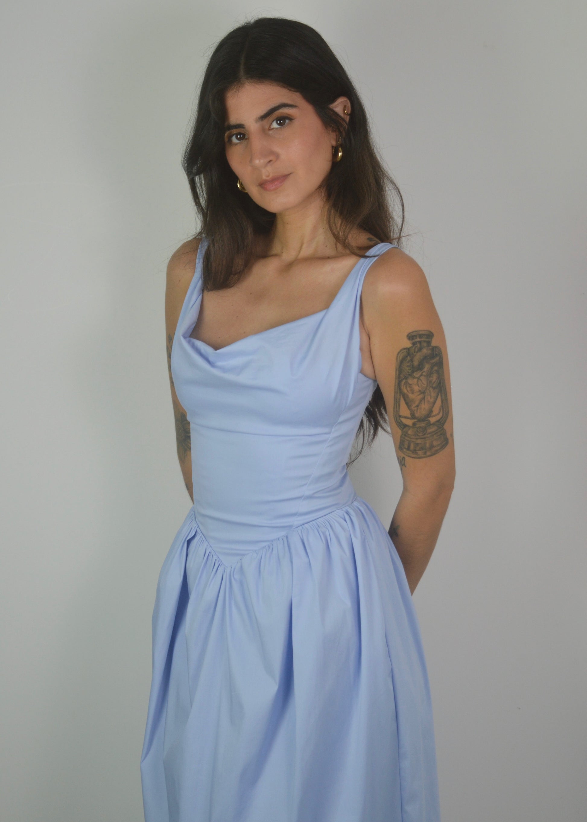 reina blue drop waist corset midi dress Miss Circle Reina Blue Cotton Poplin Drop Waist Corset Midi Dress S