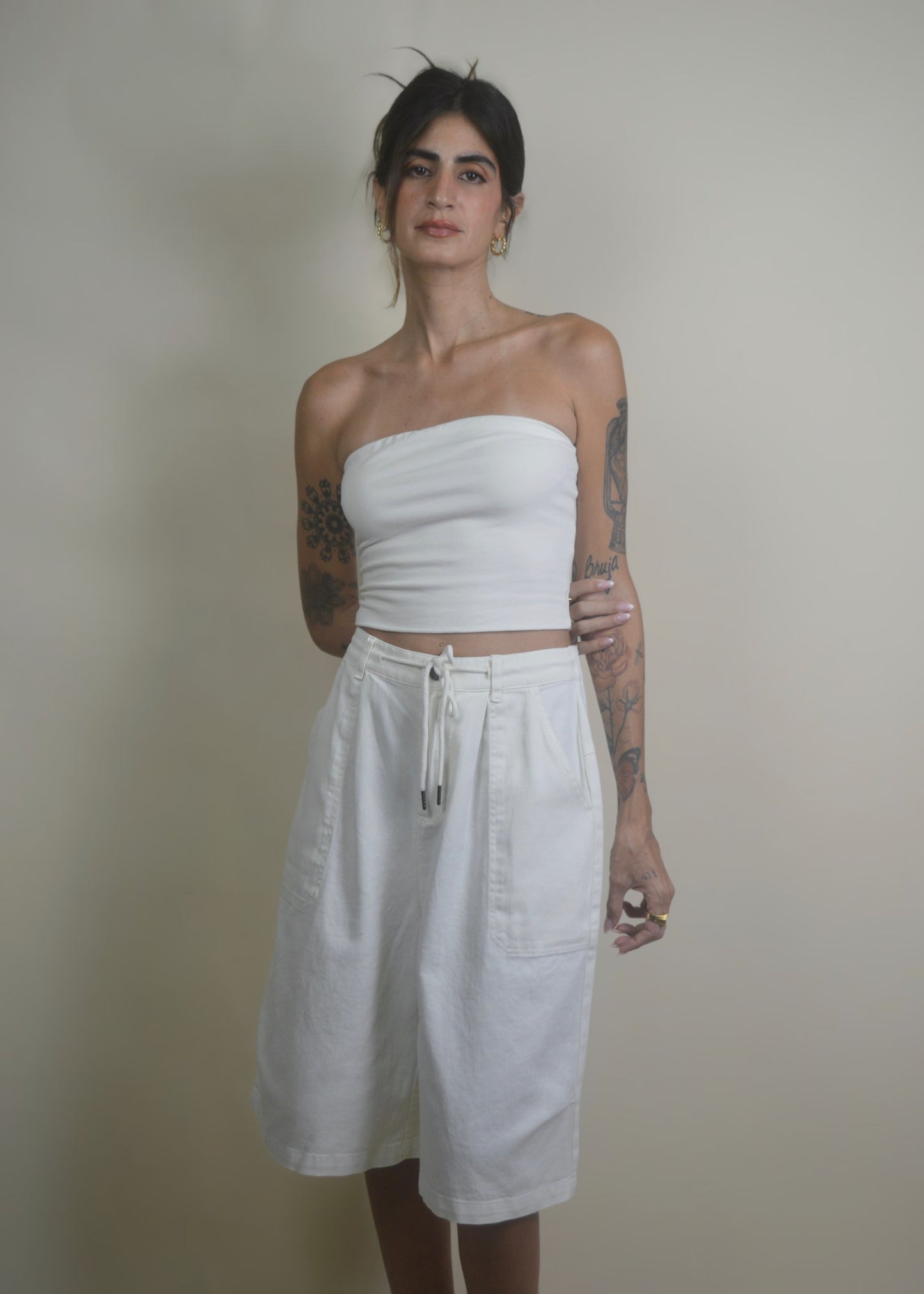 Drawstring Wide Leg Jorts/Bermudas White RESTOCKED