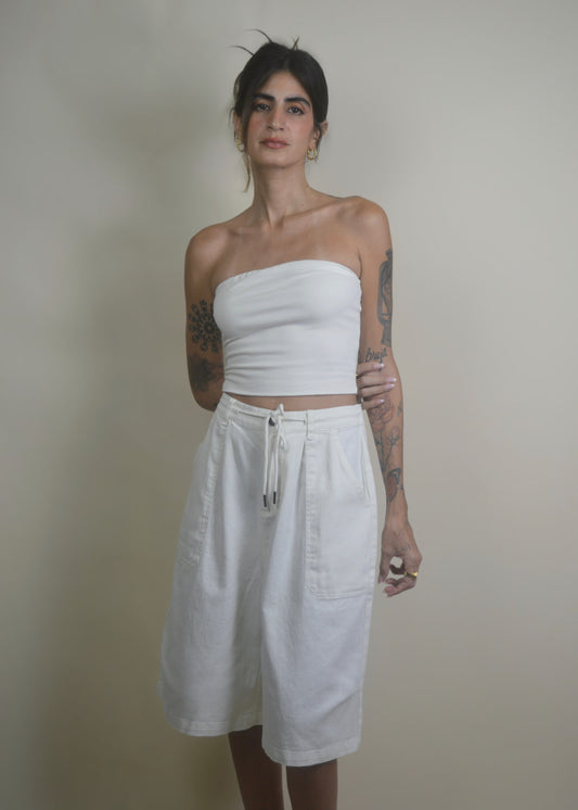 Drawstring Wide Leg Jorts/Bermudas White RESTOCKED