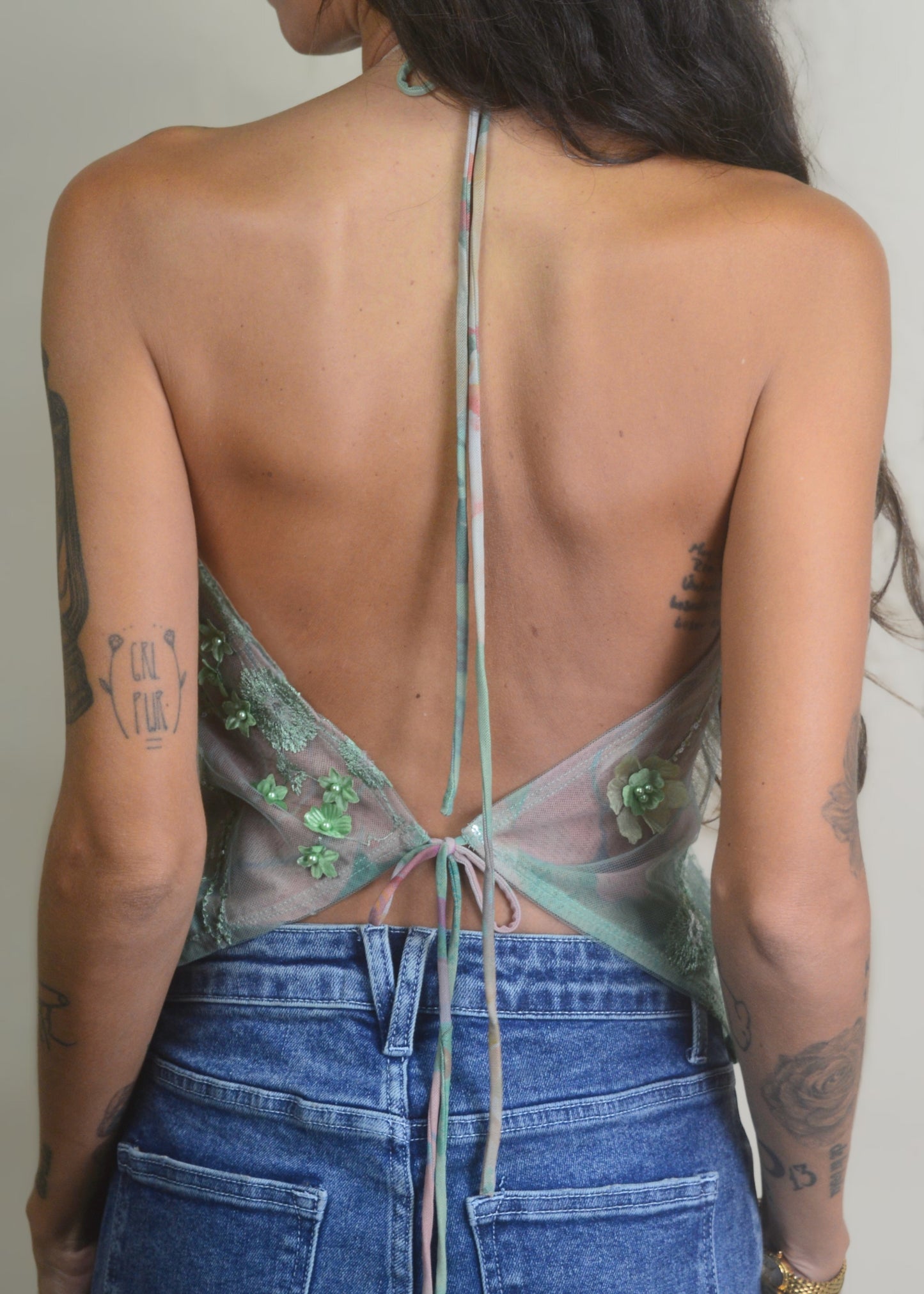 Emerald Beaded Tassel Mesh Halter Top