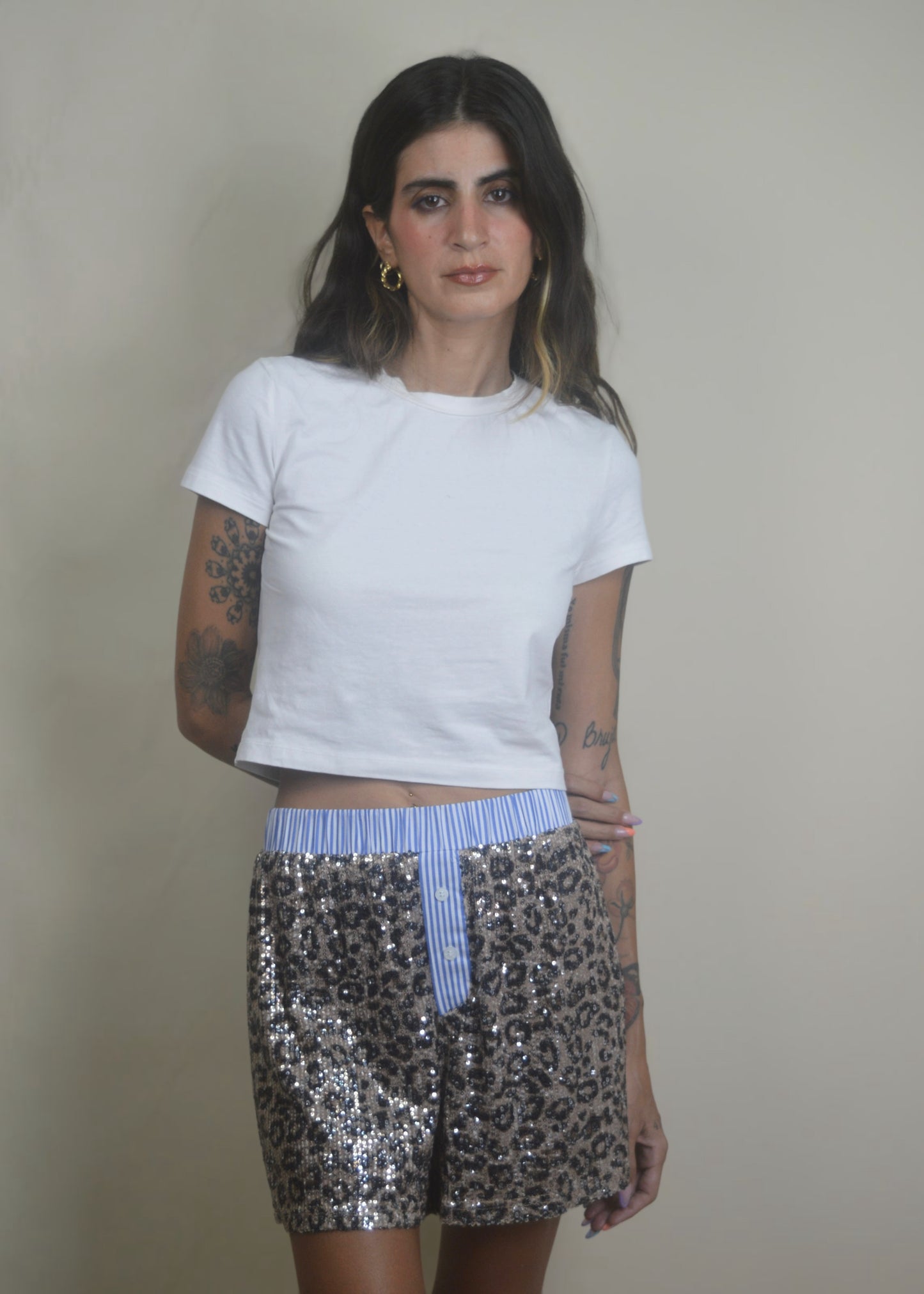 Contrast Leopard Sequin Short