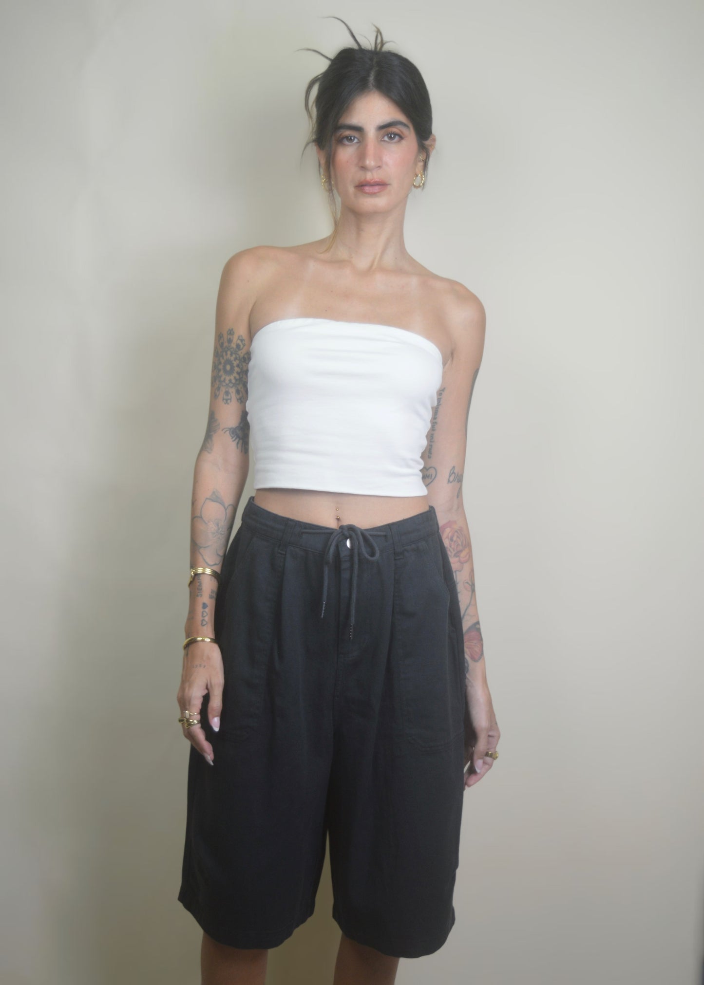 Drawstring Wide Leg Jorts/Bermudas Black RESTOCKED