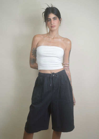 Drawstring Wide Leg Jorts/Bermudas Black RESTOCKED