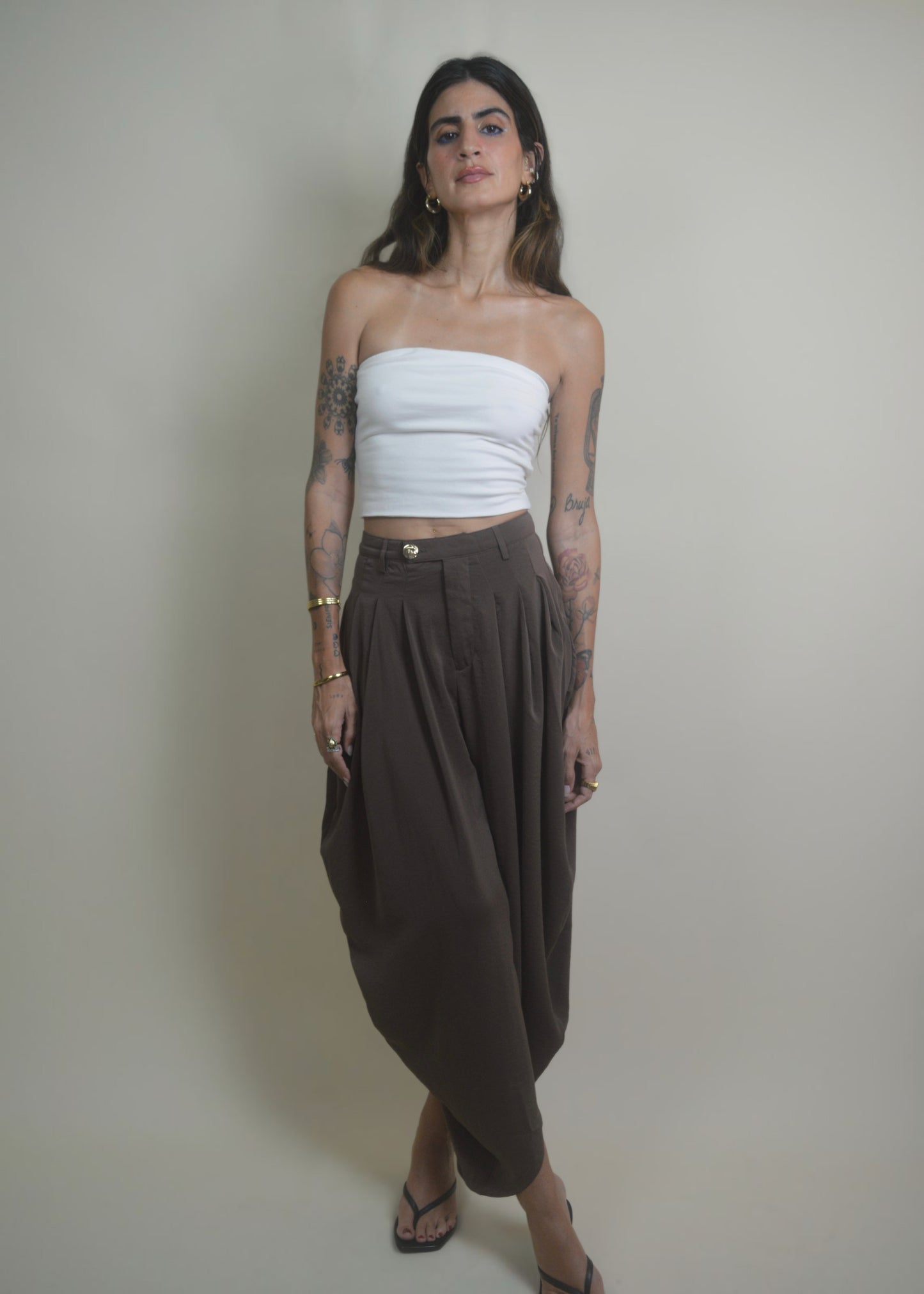 Brown Balloon Draped Pants