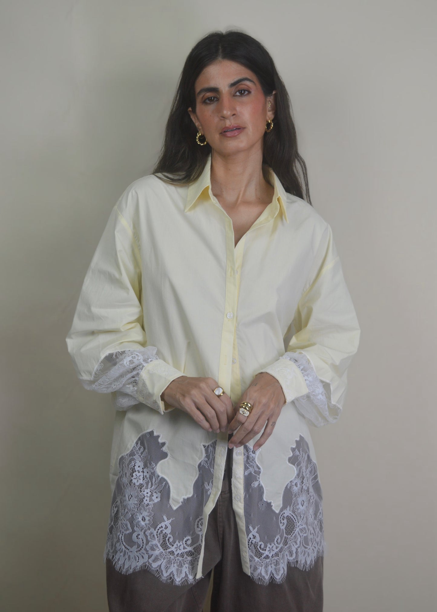 Sand Lace Oversized Button Down Shirt