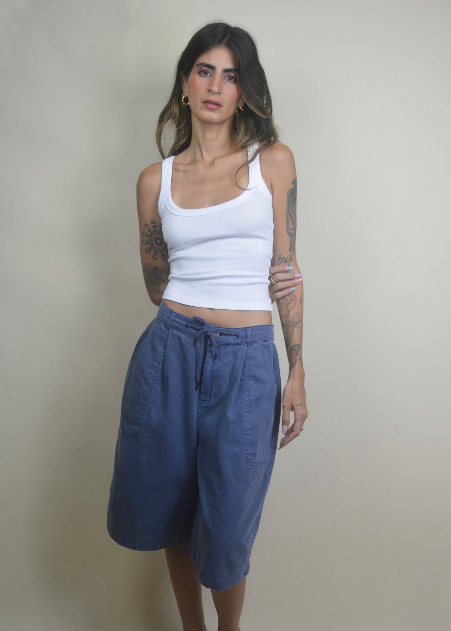 Drawstring Wide Leg Jorts/Bermudas