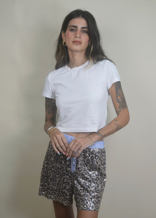 Contrast Leopard Sequin Short