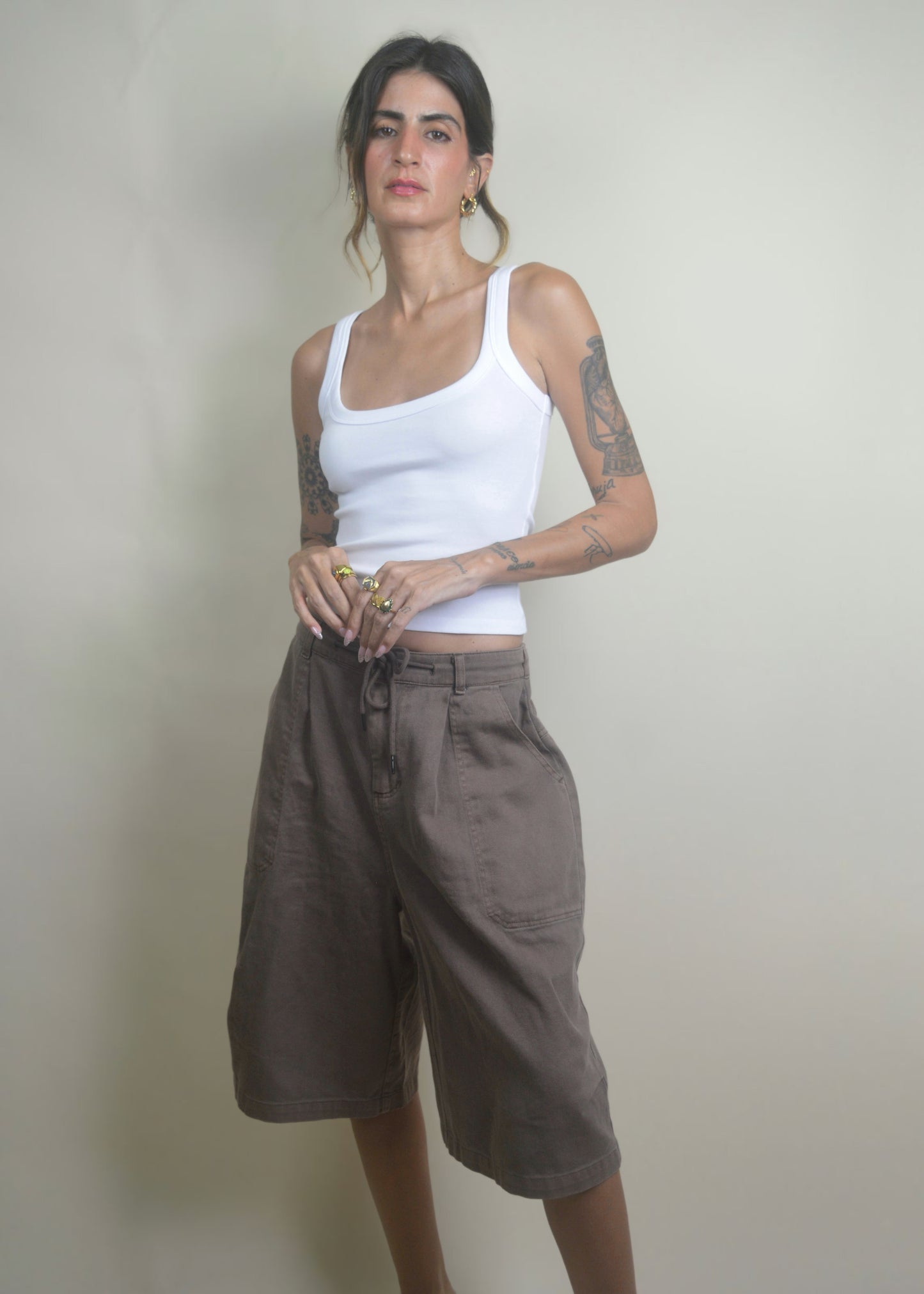 Drawstring Wide Leg Jorts/Bermudas Brown
