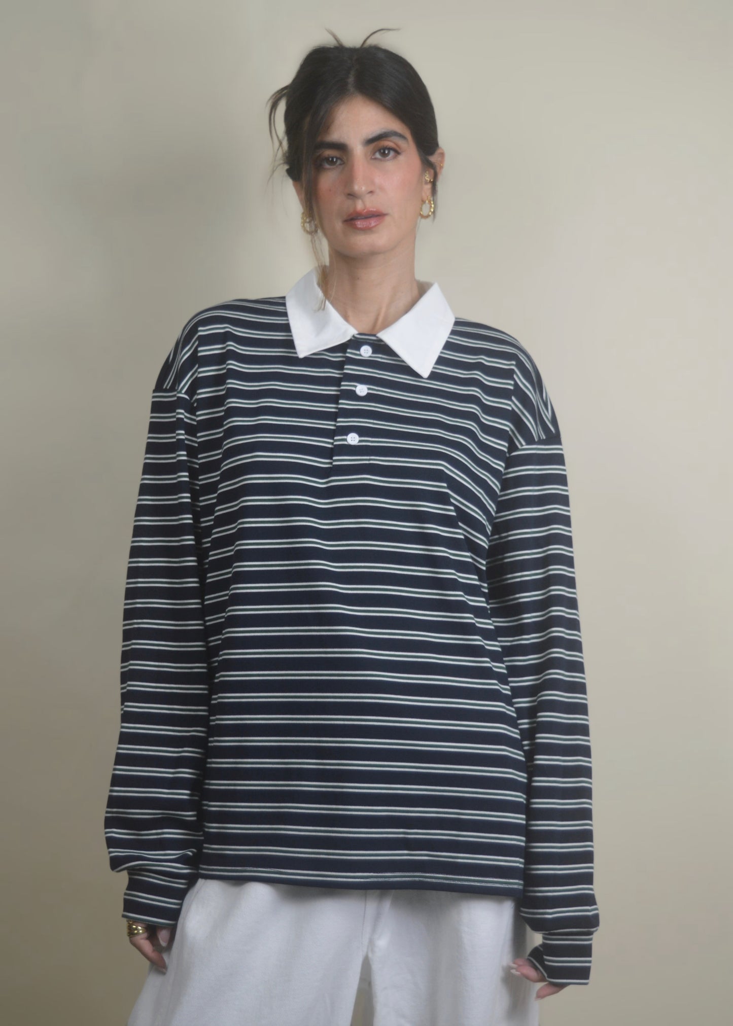 Oversized Long Sleeve Striped Polo