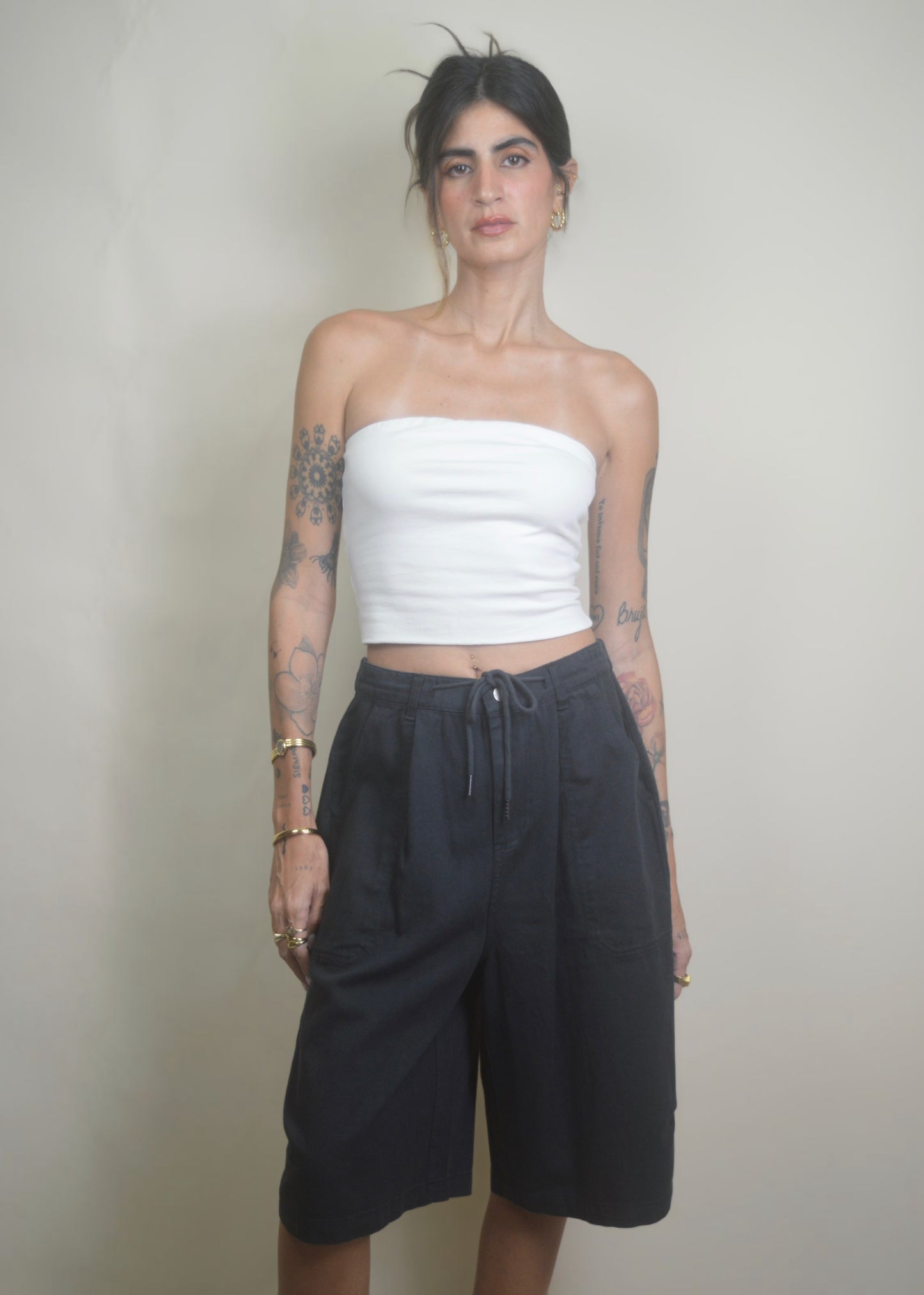 Drawstring Wide Leg Jorts/Bermudas Black RESTOCKED