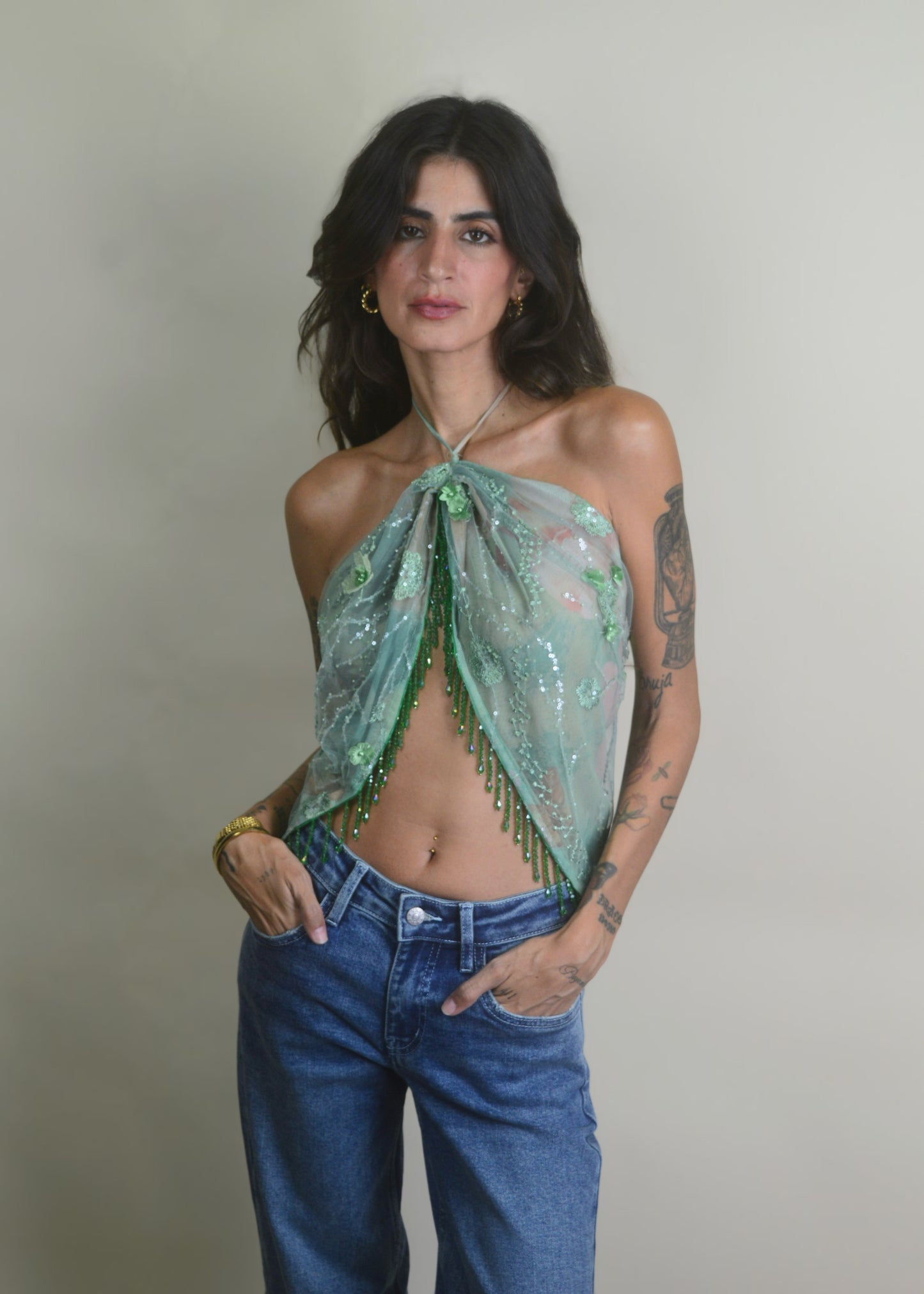 Emerald Beaded Tassel Mesh Halter Top