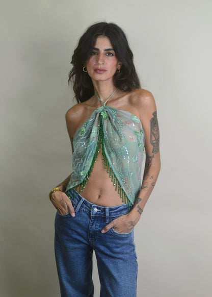 Emerald Beaded Tassel Mesh Halter Top