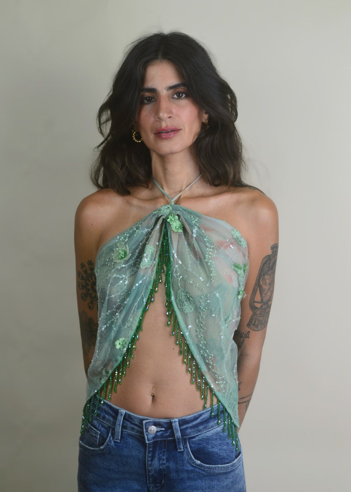 Emerald Beaded Tassel Mesh Halter Top