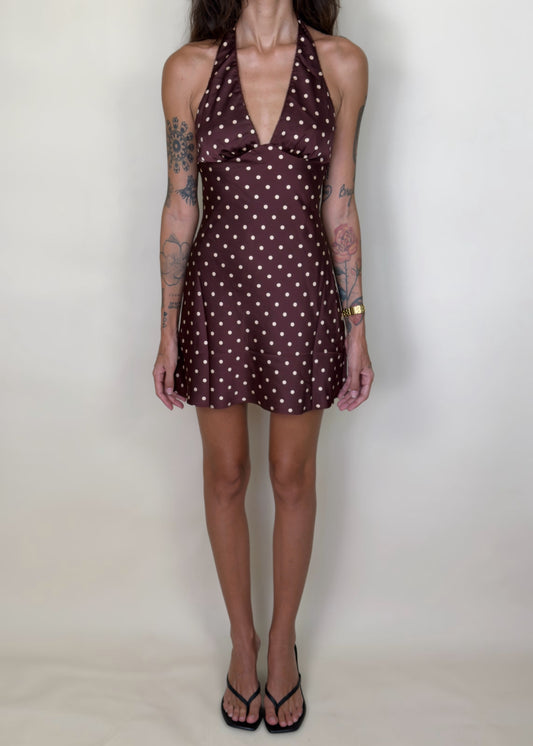 Retro Mocha Dot Halter Mini Dress