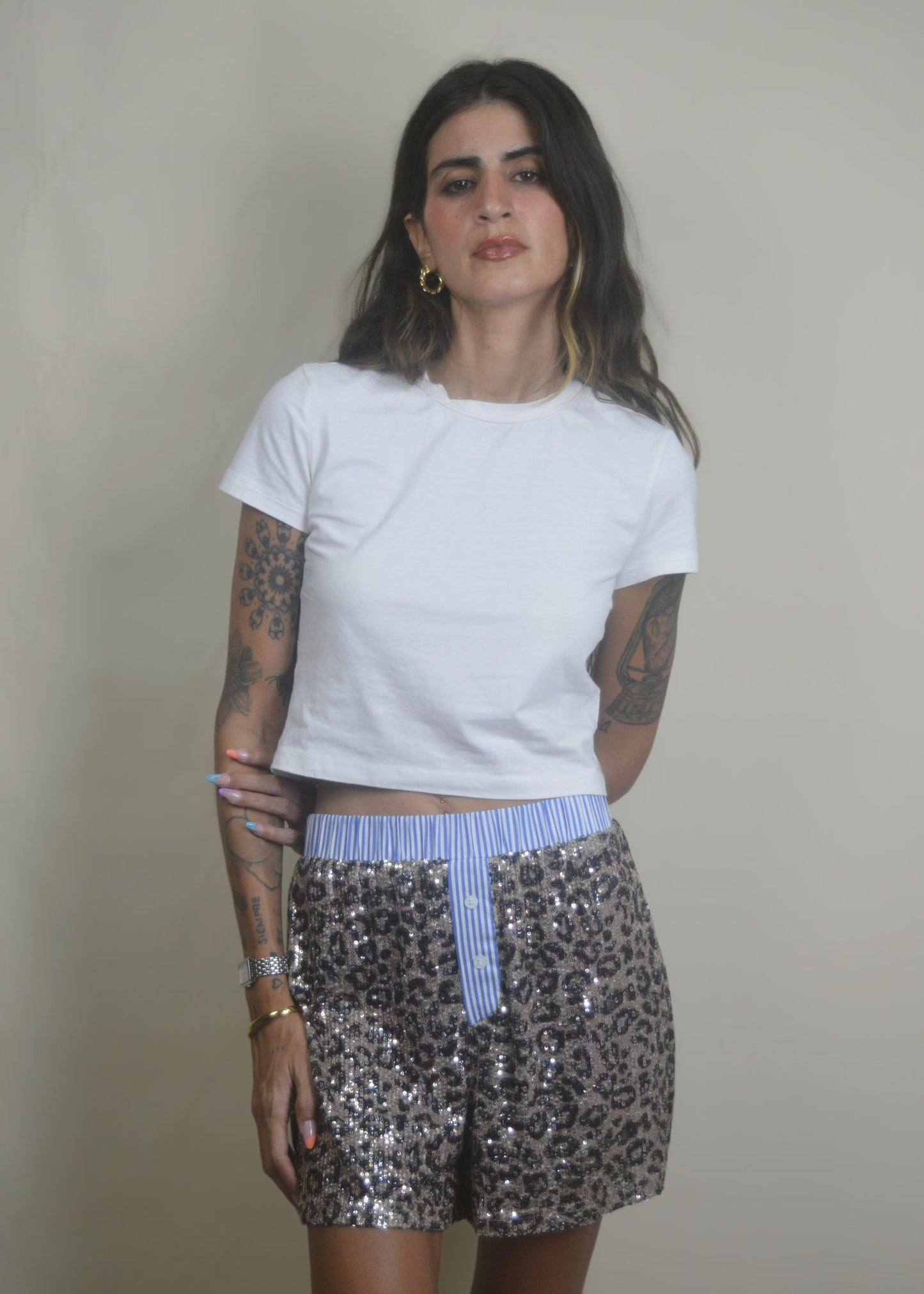 Contrast Leopard Sequin Short