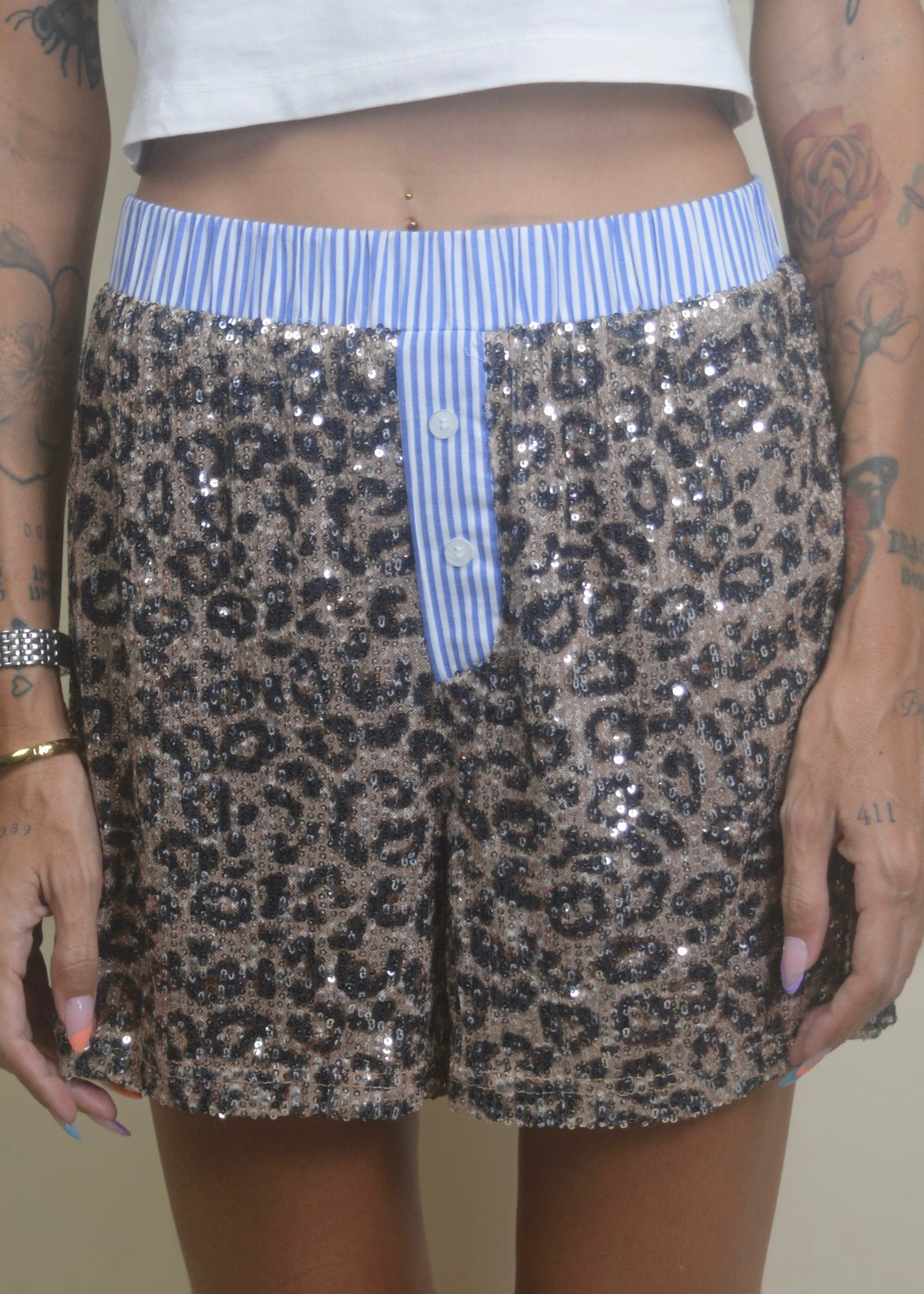Contrast Leopard Sequin Short