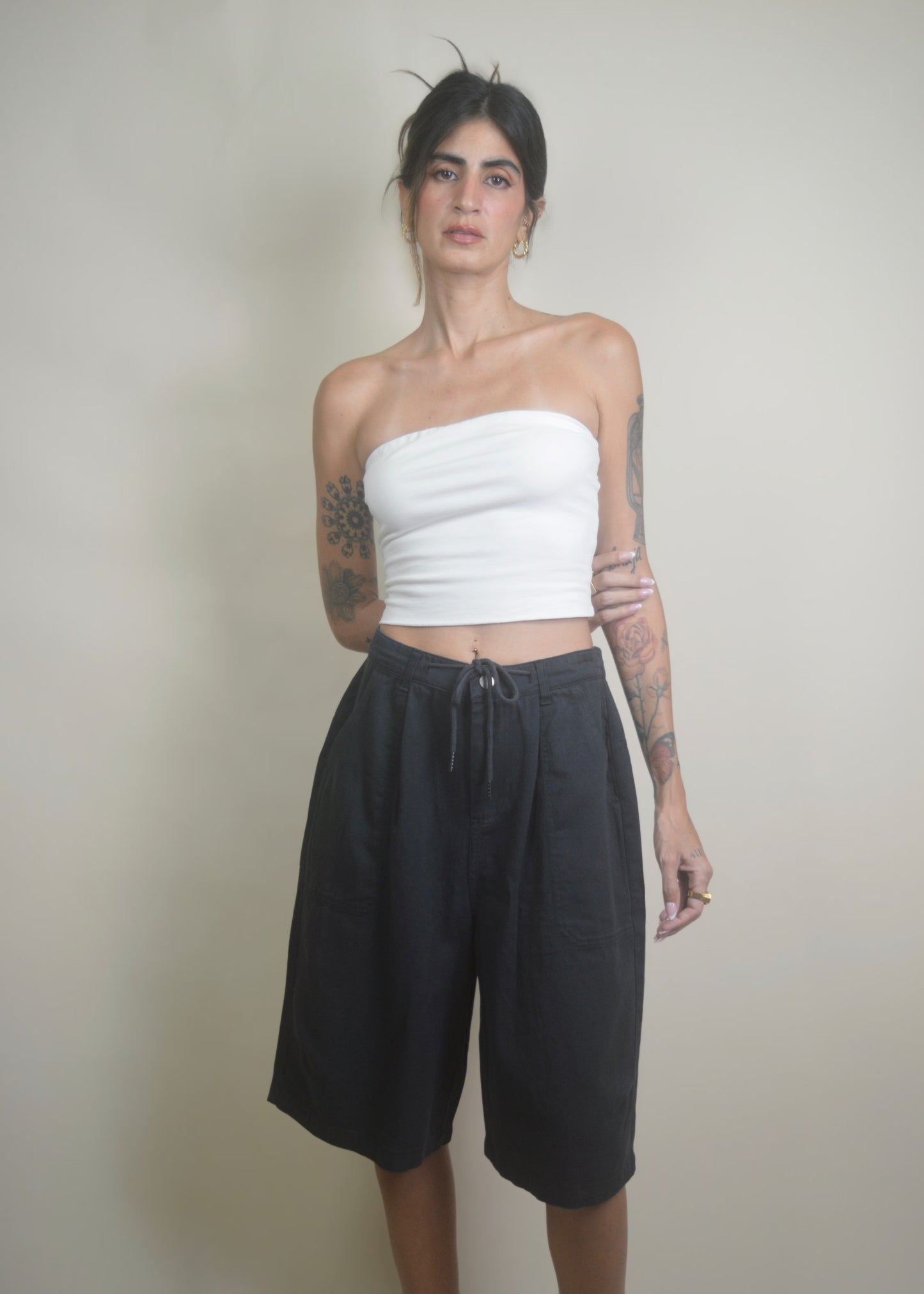 Drawstring Wide Leg Jorts/Bermudas Black RESTOCKED