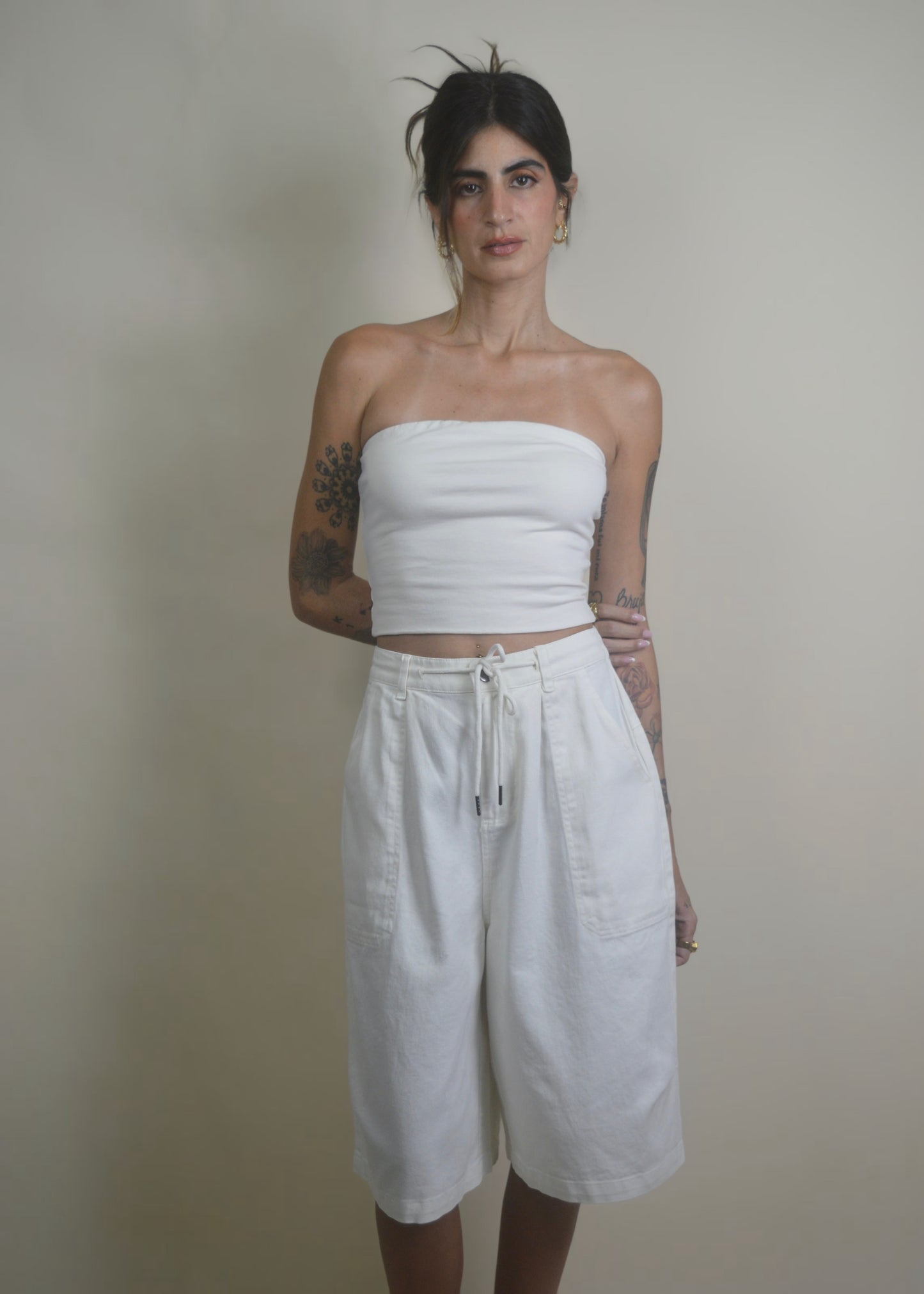 Drawstring Wide Leg Jorts/Bermudas White RESTOCKED